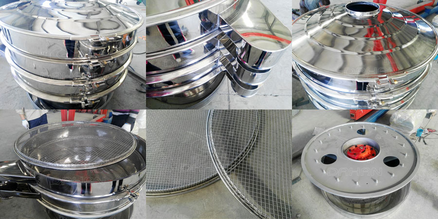 圓形振動篩結構：出料口，底座，進料口，篩網(wǎng)等部件展示圖